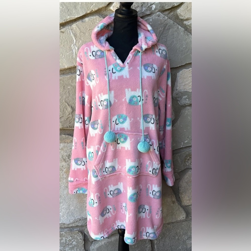 PJ COUTURE Fleece Nightgown Loungewear Large Pink Elephant Print Pom Poms EC
